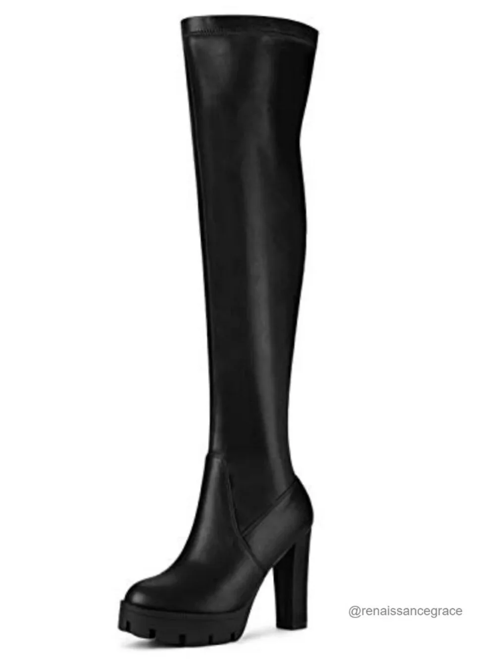 Faux Leather Over Knee Chunky Heel Platform Boots with Zipper